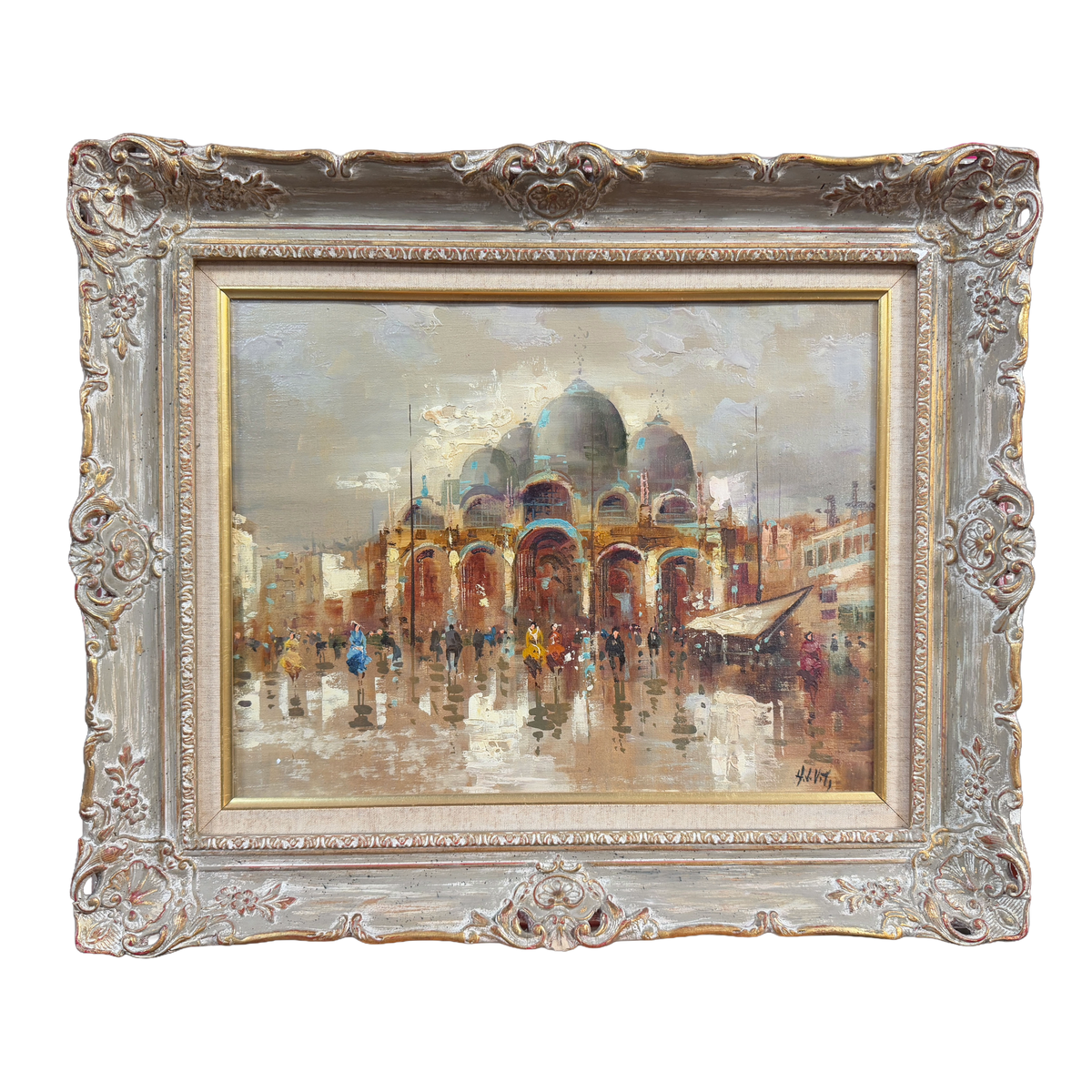 Piazza San Marco Italy Vintage Cityscape Original Oil Painting - H. V. Vito - 21 x 24"