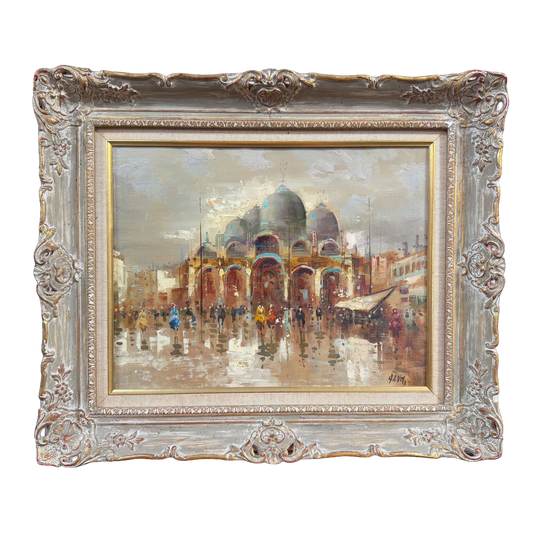 Piazza San Marco Italy Vintage Cityscape Original Oil Painting - H. V. Vito - 21 x 24"