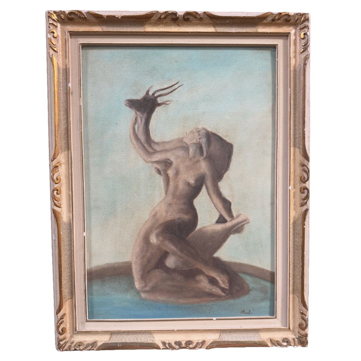 Mid Century Surrealist Woman Antelope Original Oil Painting - 25 x 34"