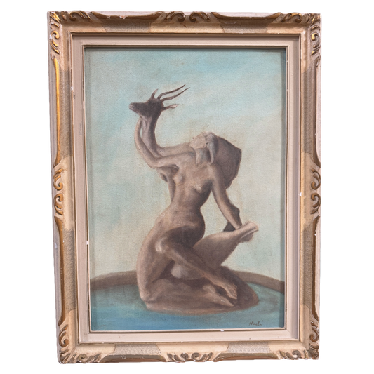 Mid Century Surrealist Woman Antelope Original Oil Painting - 25 x 34"