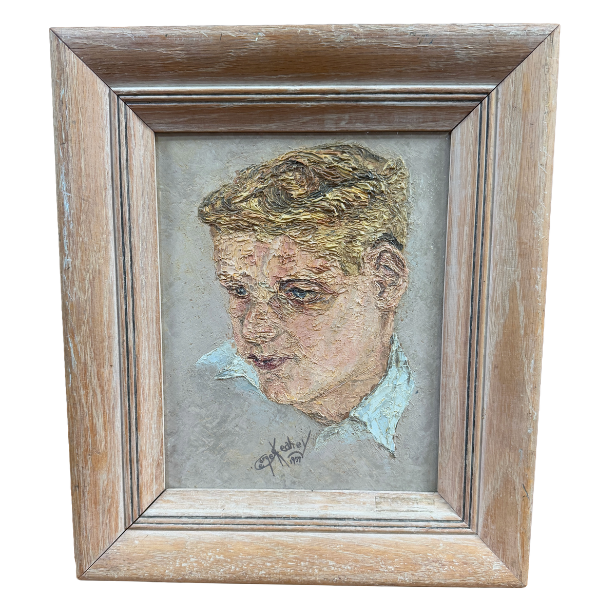 1957 California "Wondering" Expressionist Original Oil Portrait Painting - George Keahey - 12 x 14"