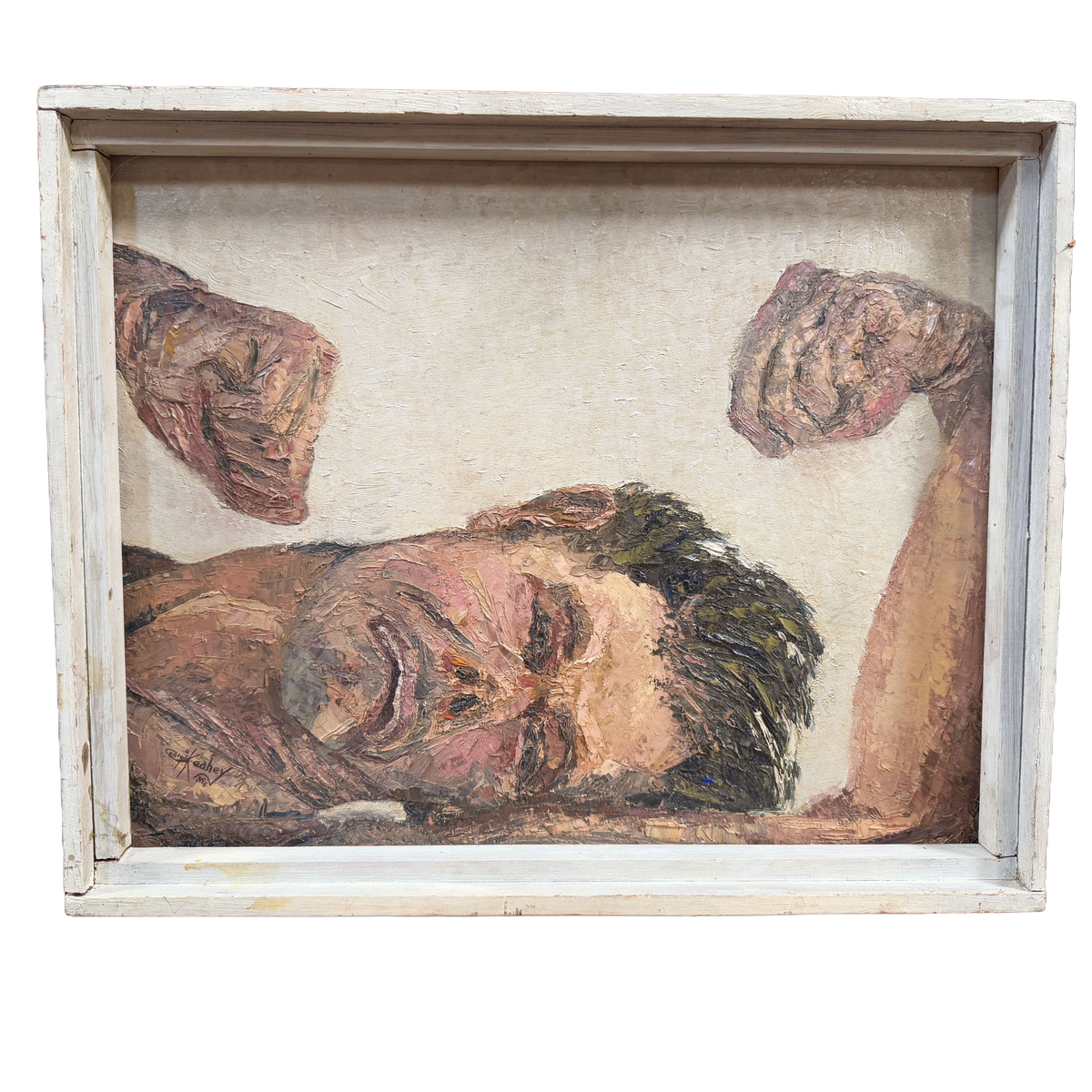 1956 California "Self Portrait, Looking In A Window" Expressionist Original Oil Portrait Painting - George Keahey - 17 x 21"