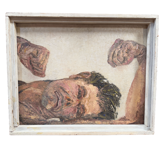1956 California "Self Portrait, Looking In A Window" Expressionist Original Oil Portrait Painting - George Keahey - 17 x 21"