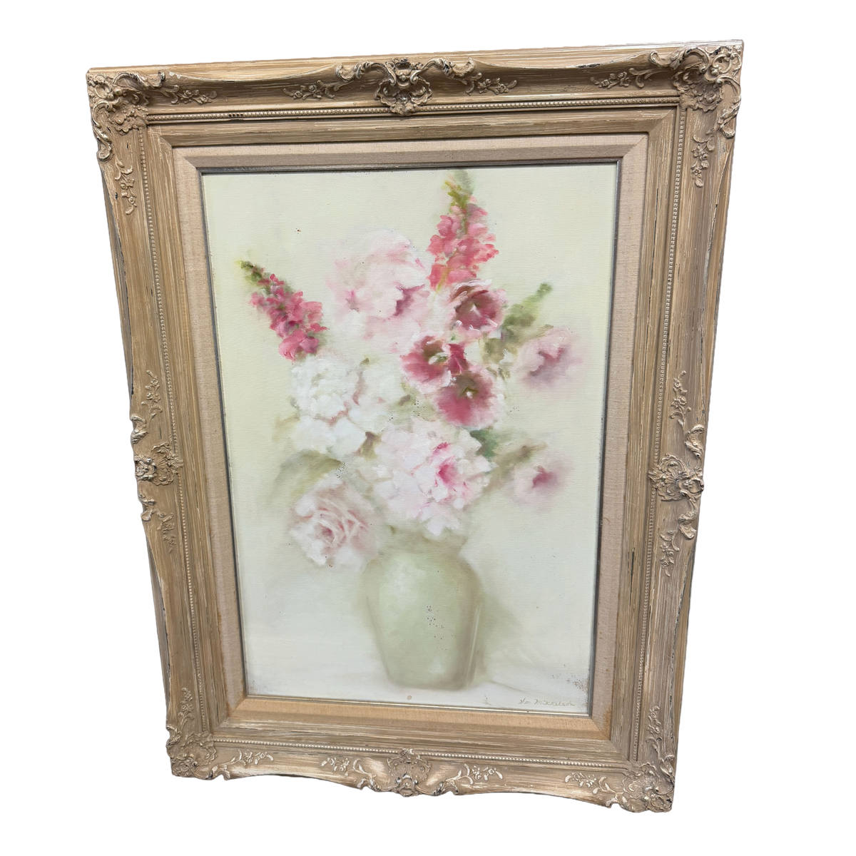 Pink Floral Still Life Original Oil Painting -Mikkelson- 28 x 40"