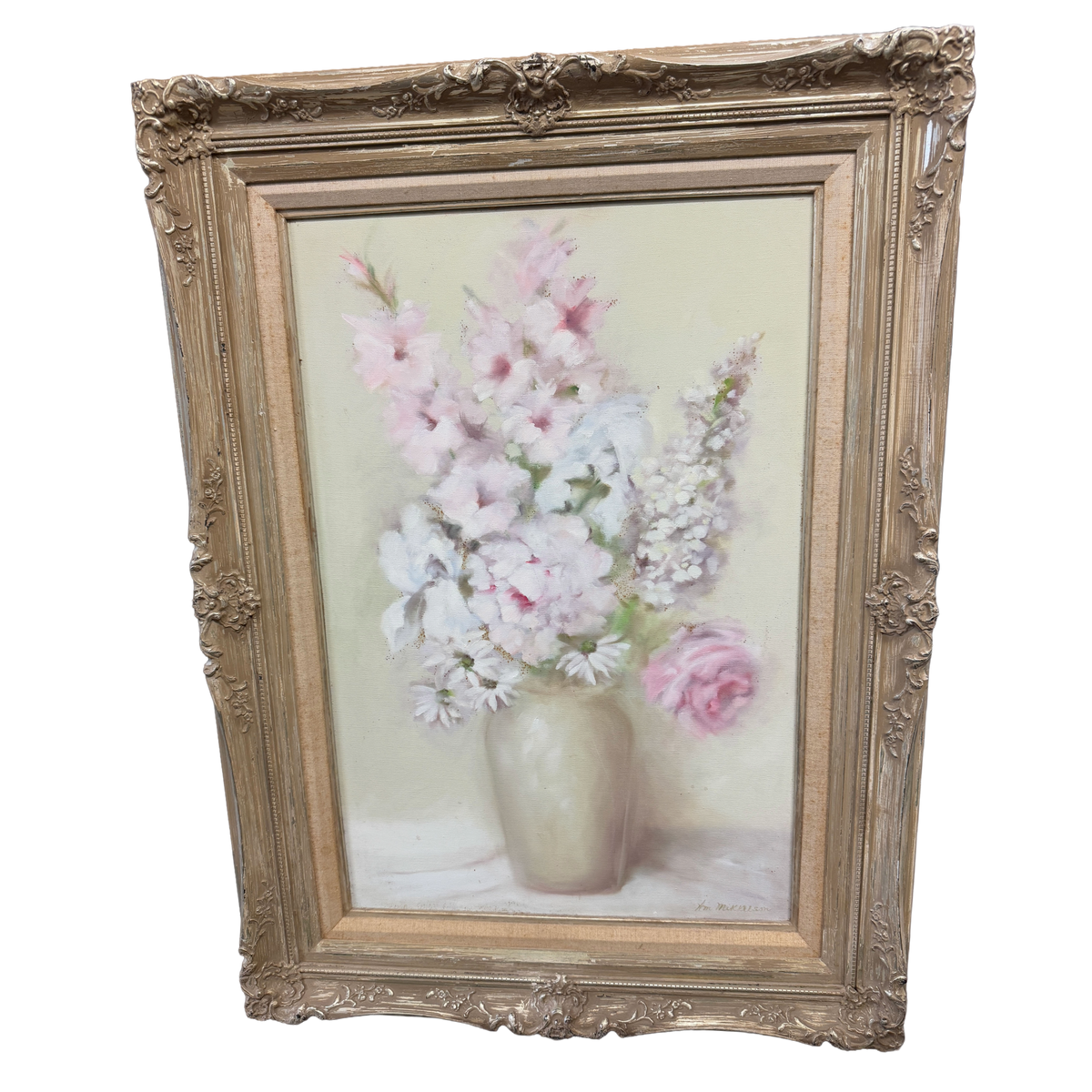 Pink White Floral Still Life Original Oil Painting -Mikkelson- 30 x 38"