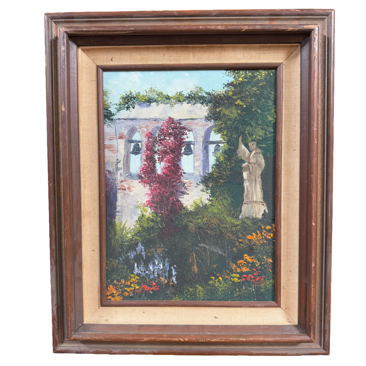 Mid Century Impressionist California Mission Garden Original Oil Painting -John Cunningham- 18 x 23"