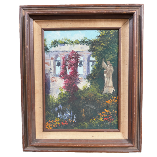 Mid Century Impressionist California Mission Garden Original Oil Painting -John Cunningham- 18 x 23"