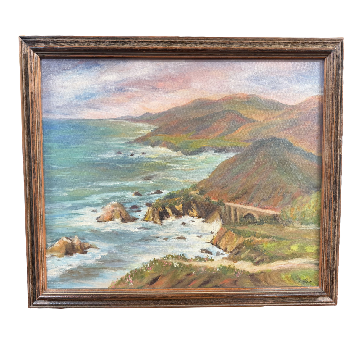 Vintage Bixby Creek Bridge California Bir Sir Coastline Original Oil Painting - Akers - 23 x 27"