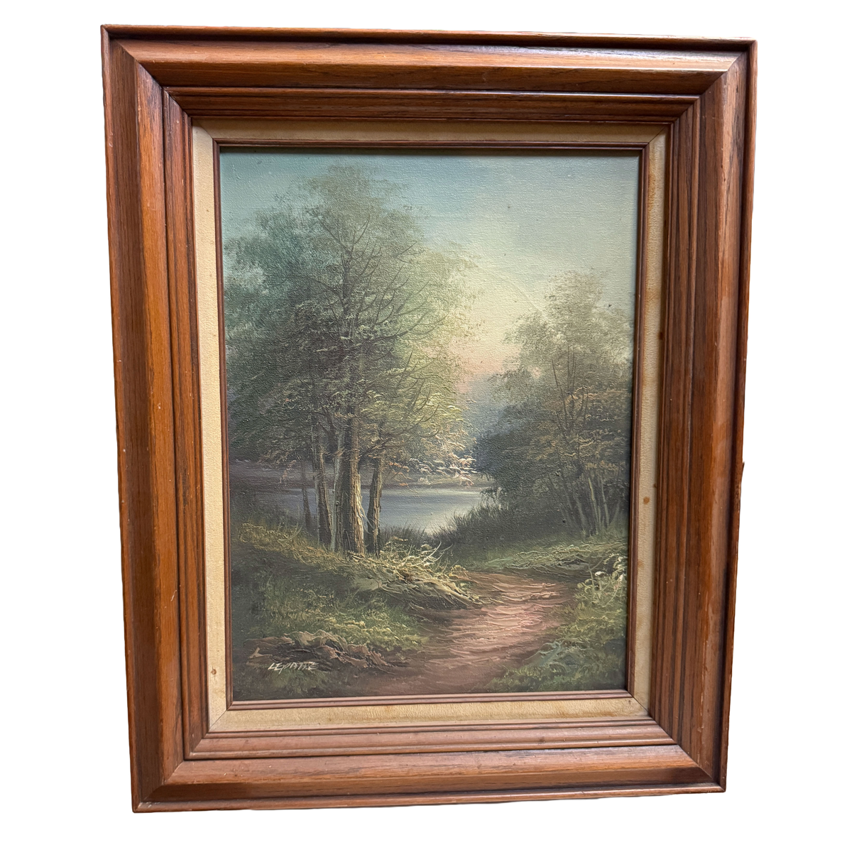 Vintage Lakeside Landscape Original Oil Painting -Unknown - 21 x 17"