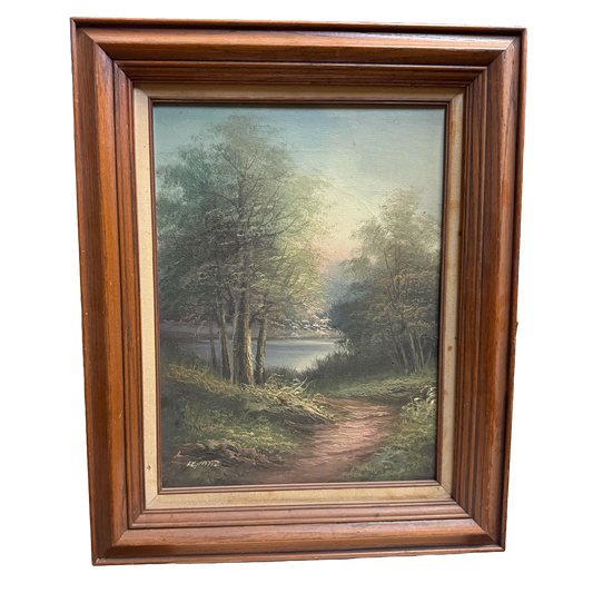 Vintage Lakeside Landscape Original Oil Painting -Unknown - 21 x 17"