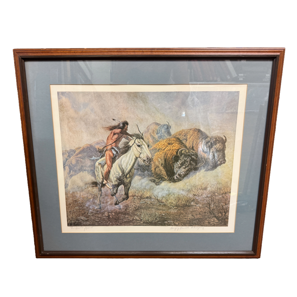 "Buffalo Hunt" Signed Lithograph Southwestern Artist Proof Print -Gregory Perillo- 28 x 31"
