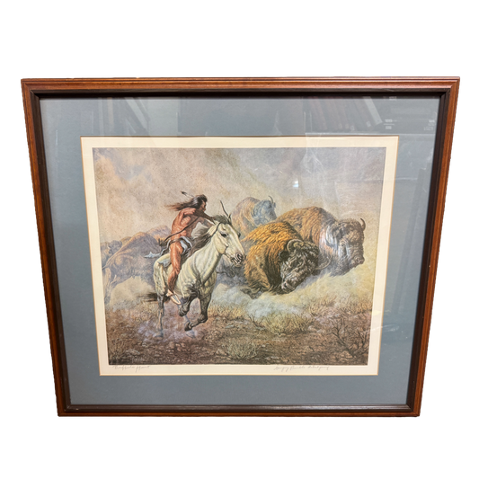 "Buffalo Hunt" Signed Lithograph Southwestern Artist Proof Print -Gregory Perillo- 28 x 31"