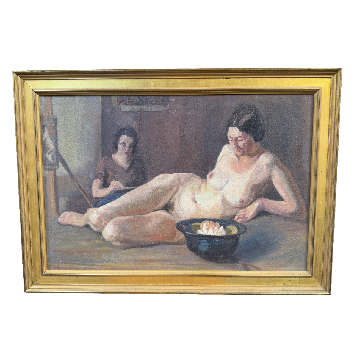 Vintage Figurative Studio Reclining Female Nude Original Oil Painting 34 x 25"