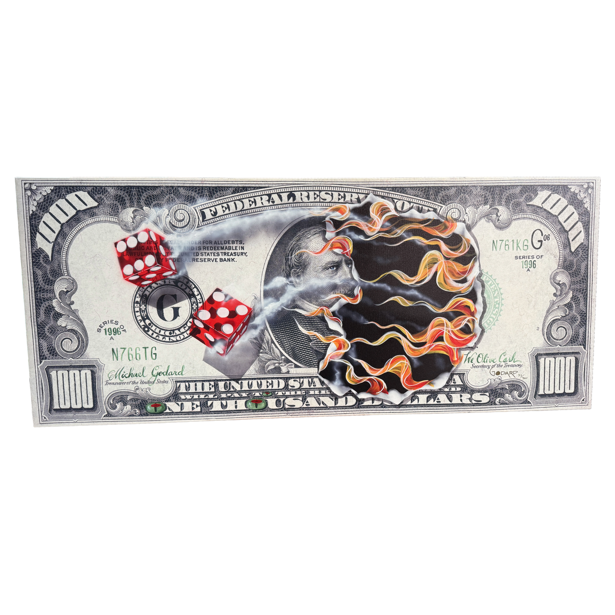 "1000 Dollar Bill - We Olive Cash" - Michael Goddard Giclée on Canvas - 57 x 24"