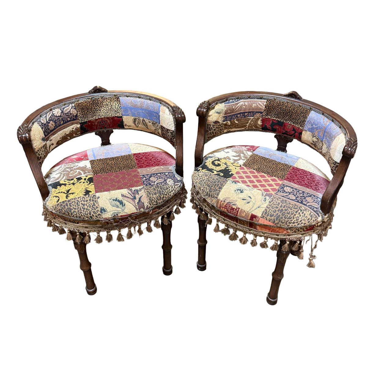 Vintage Pair of Patchwork Barrel Back Parlor Chairs- 23 x 30"