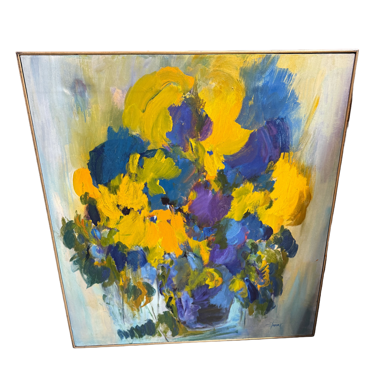 Original Blue Yellow Abstract Floral Oil Painting- Mattie Staniek - 41 x 36"