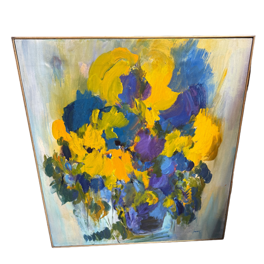 Original Blue Yellow Abstract Floral Oil Painting- Mattie Staniek - 41 x 36"
