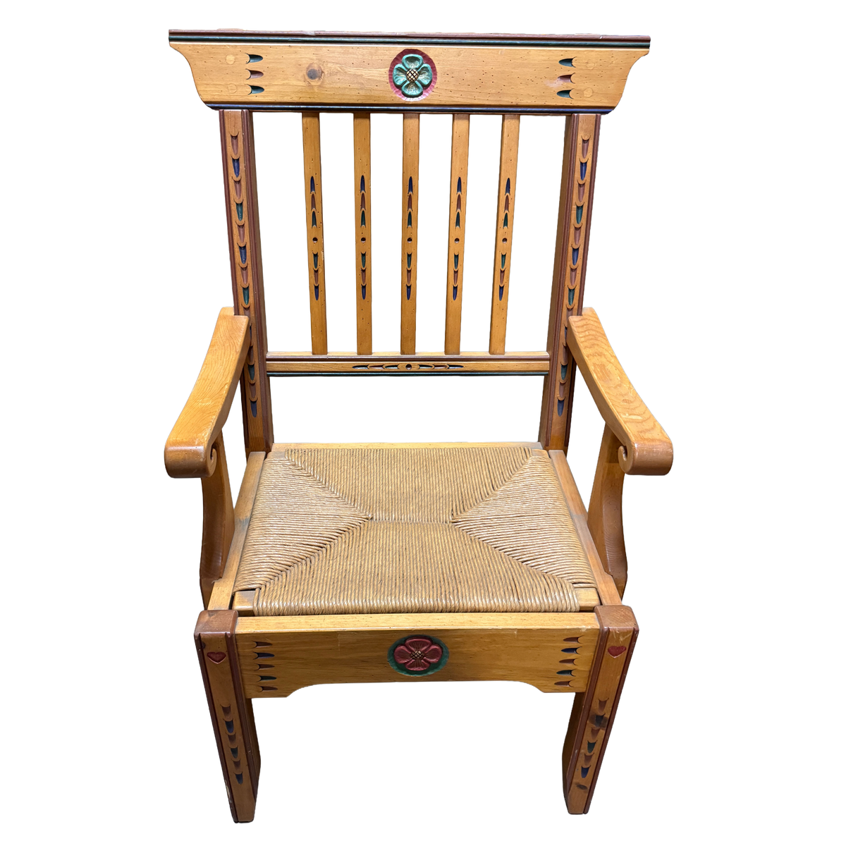 Signed Handcrafted Folk Art Painted Wood Armchair Southwestern  - 18 x 44"