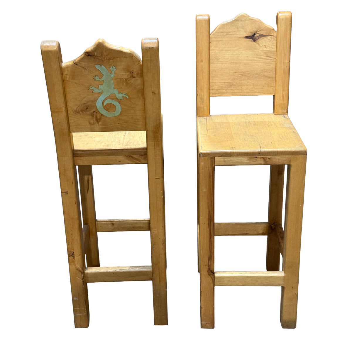 Rustic Green Gecko Lizard Wooden Barstool Pair - 18 x 46"