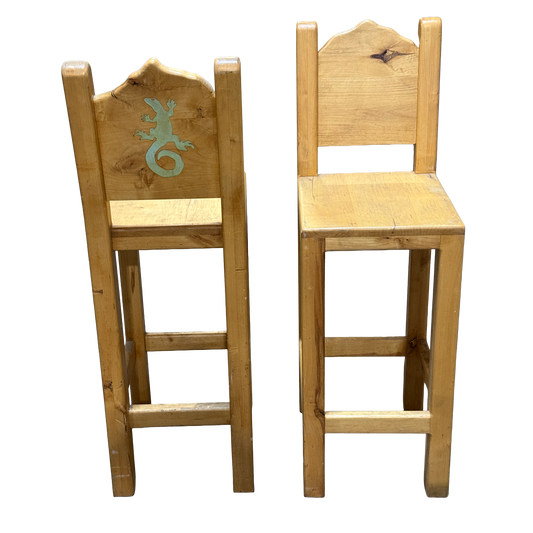 Rustic Green Gecko Lizard Wooden Barstool Pair - 18 x 46"